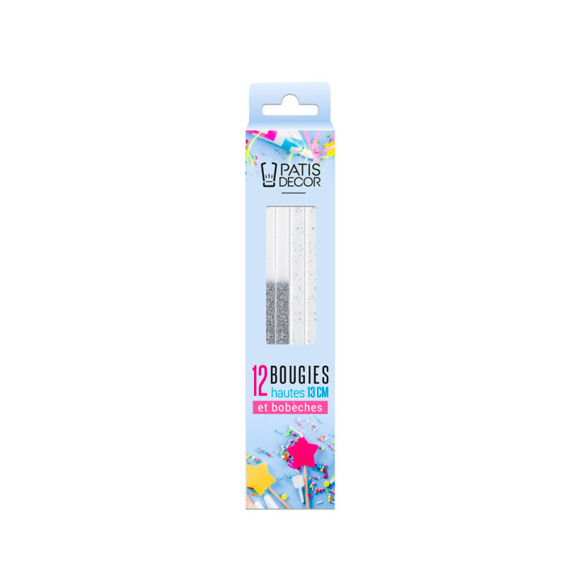 12 bougies bicolores pailletées hautes 13cm argentées Patisdecor