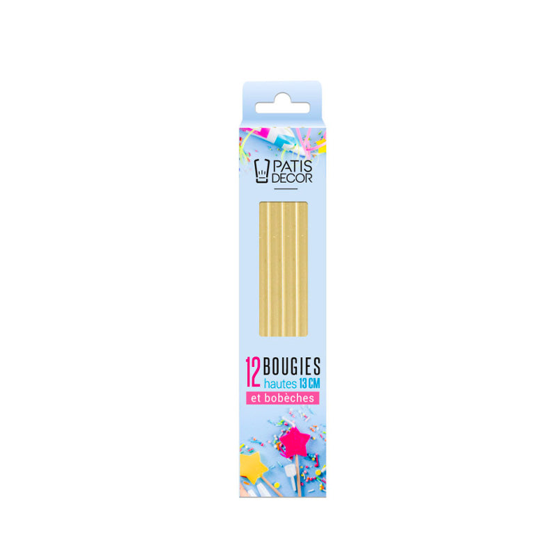 12 bougies hautes 13cm dorées Patisdecor