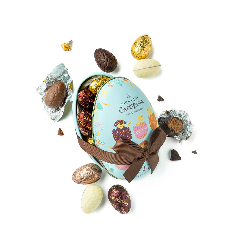 Boîte en métal 12 oeufs en chocolat praliné assortis Café Tasse