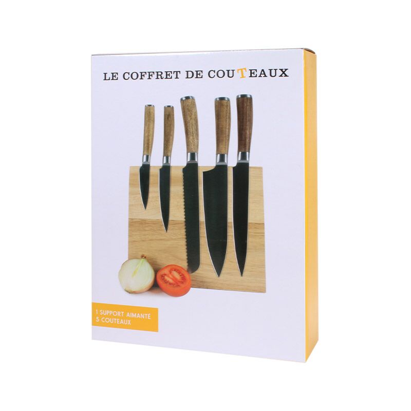 Livoo MEC129 - Set De 5 Couteaux De Cuisine Pro : Chef, Pain, Office, Tranchelard + Couteau Polyvalent En Acier Inox Avec Manches Bois Hêtre