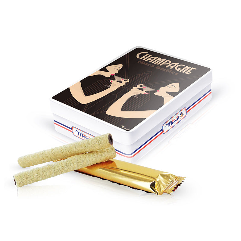 Boîte en métal flûtes feuilletées chocolat Champagne Sacré Marcel