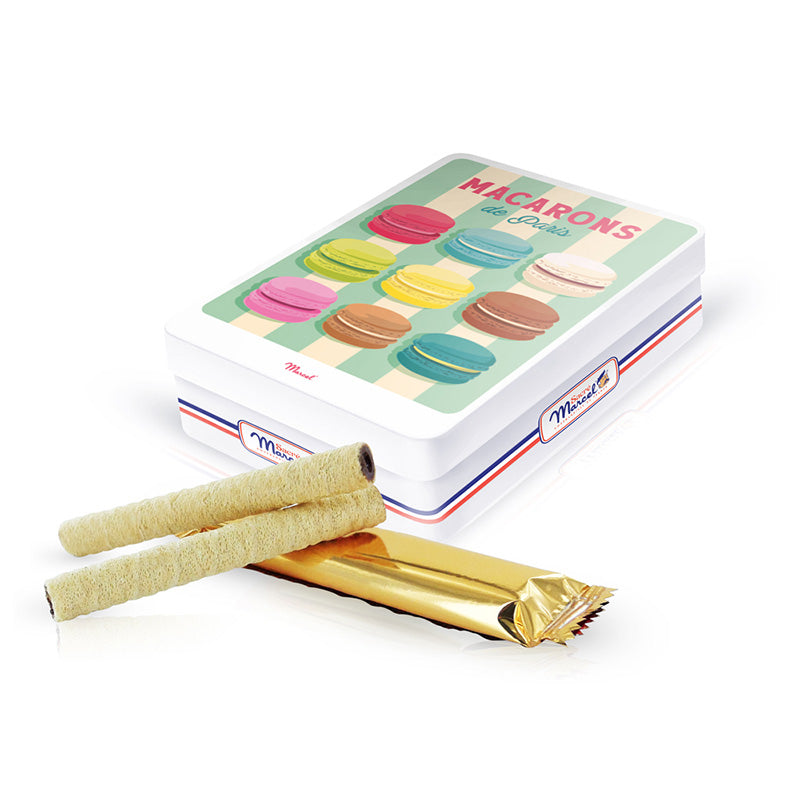 Boîte en métal flûtes feuilletées chocolat Macaron Sacré Marcel