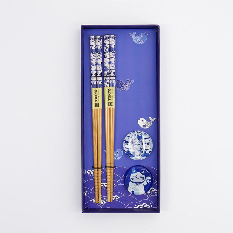 Coffret 2 baguettes avec repose bamboo Lucky cat Tokyo Design