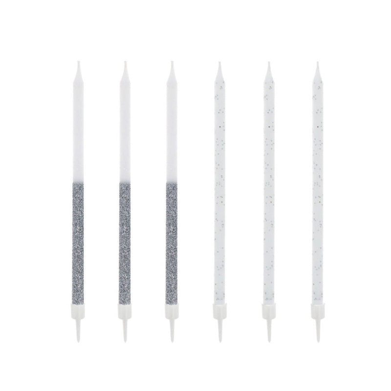 12 bougies bicolores pailletées hautes 13cm argentées Patisdecor