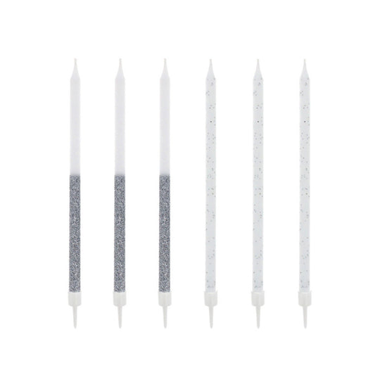 12 bougies bicolores pailletées hautes 13cm argentées Patisdecor