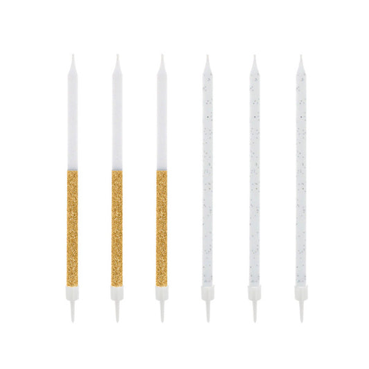 12 bougies bicolores pailletées hautes 13cm dorées Patisdecor