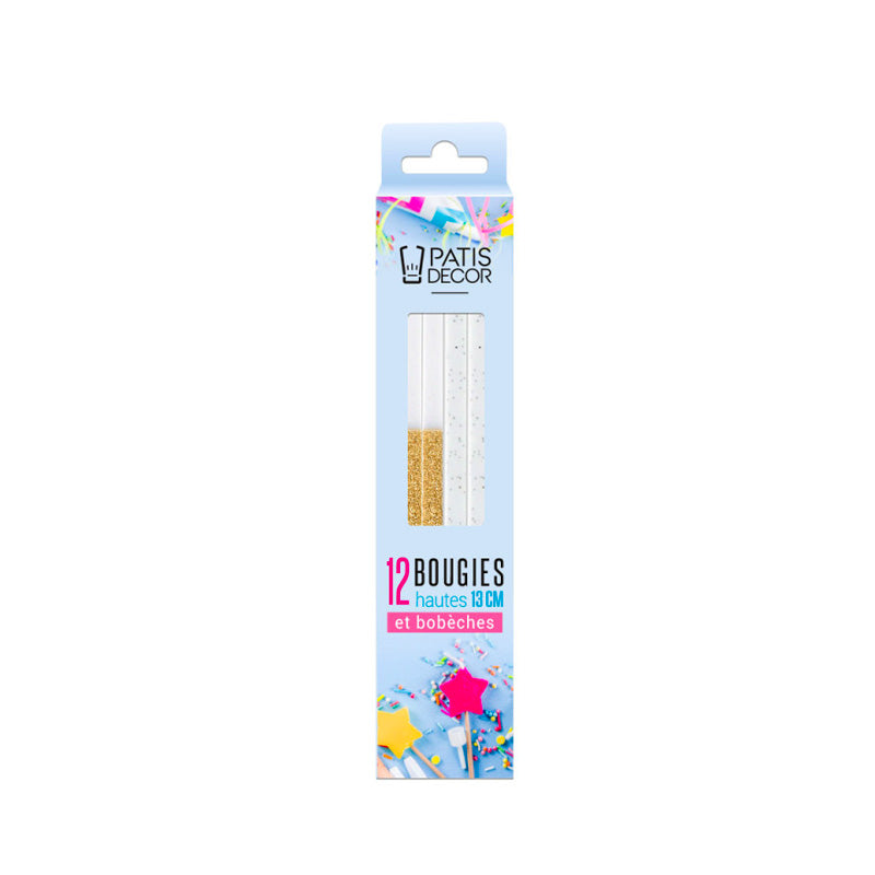 12 bougies bicolores pailletées hautes 13cm dorées Patisdecor
