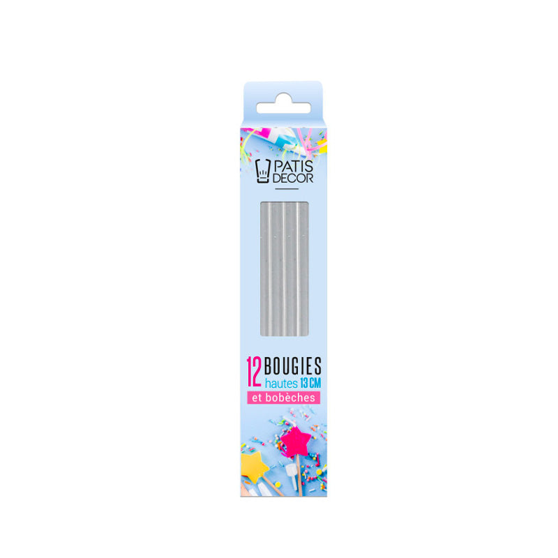 12 bougies hautes 13cm argentées Patisdecor