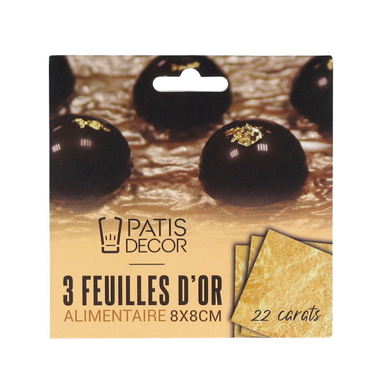 3 feuilles d'or alimentaire 22 carats 8x8cm Patisdecor