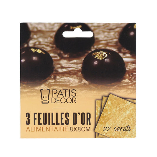 3 feuilles d'or alimentaire 22 carats 8x8cm Patisdecor