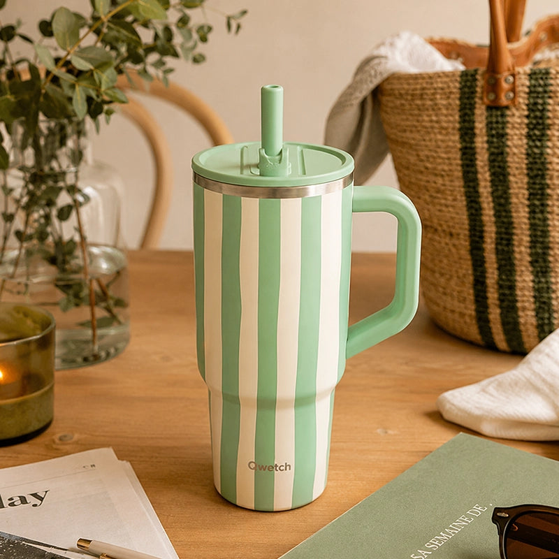 Travel cup isotherme en inox de 900ml beige et vert Allure Qwetch
