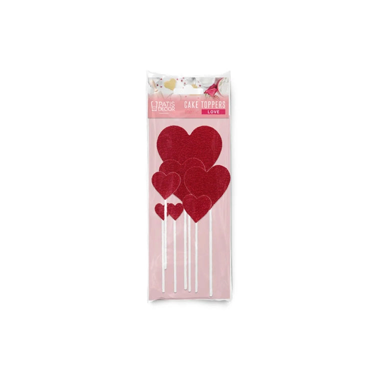Lot de 7 décors à piquer rouge à paillette en forme de coeur Patisdecor