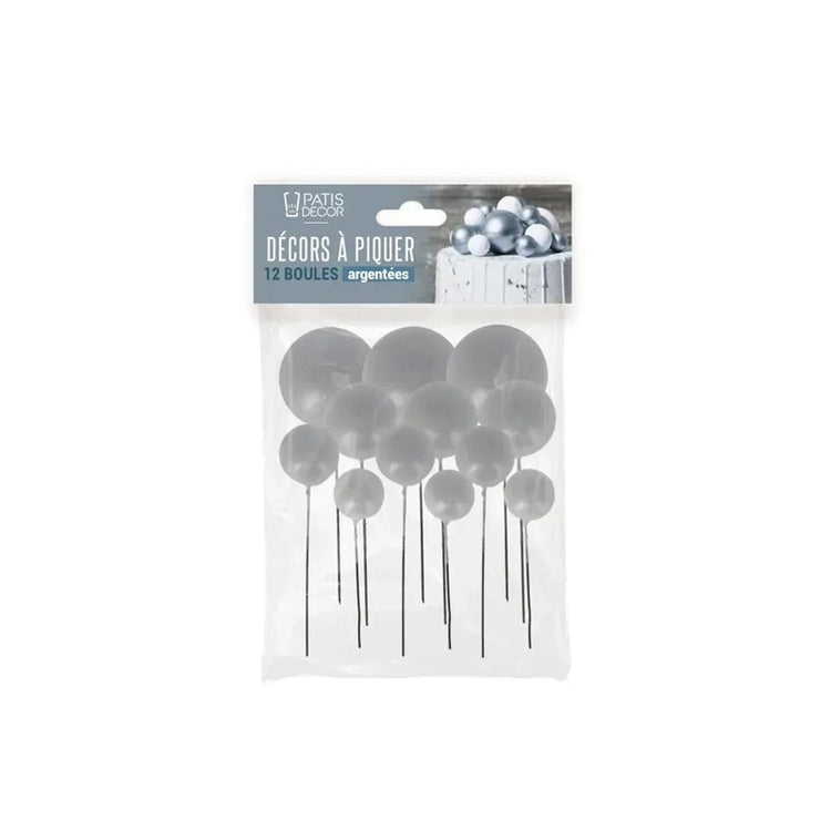 Décor à piquer Boules argent 12 pièces Patisdecor