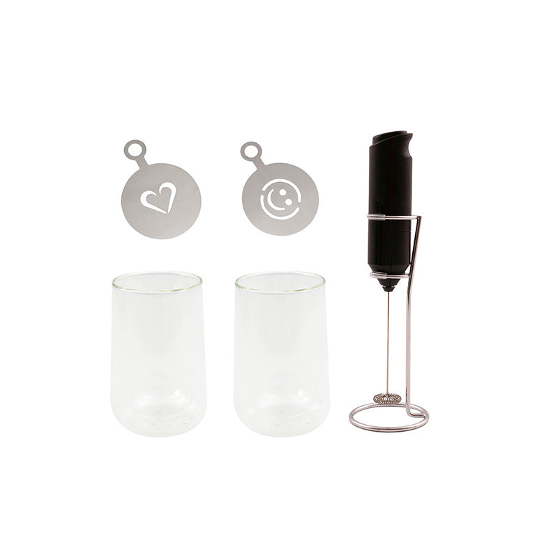 Set pour latte avec 2 verres double paroi 350ml un mousseur à lait et pochoir Point Virgule