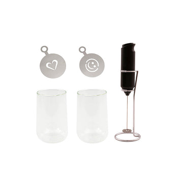 Set pour latte avec 2 verres double paroi 350ml un mousseur à lait et pochoir Point Virgule
