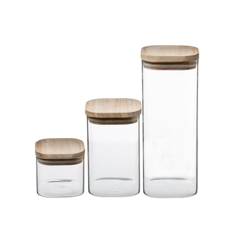 Set 3 bocaux Verre couvercles bois empilables hermétiques Marron Five