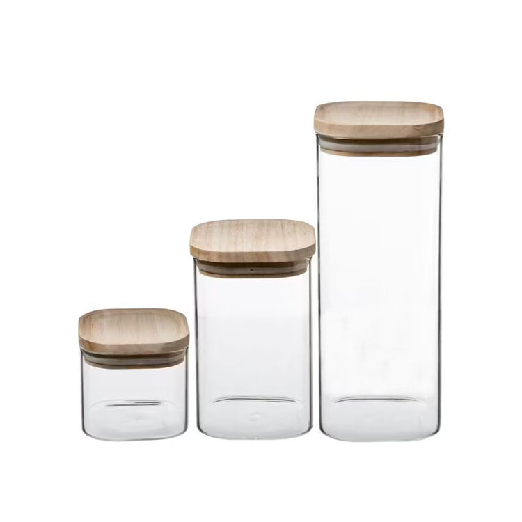 Set 3 bocaux Verre couvercles bois empilables hermétiques Marron Five