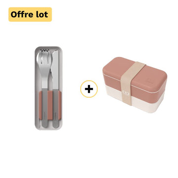 Lot d'un bento rose Original et des couverts en inox rose Slim Box Monbento