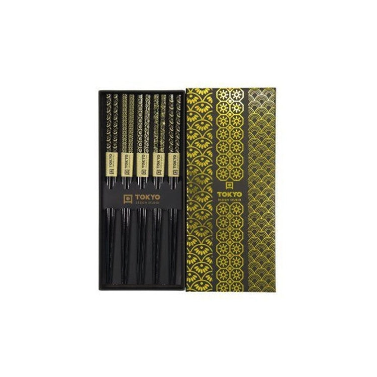 Coffret de 5 paires de baguettes en bois noir et or Tokyo Design