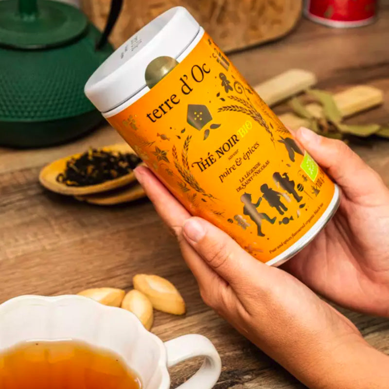 Boite de thé noir à la poire et aux épices Bio de 100g Terre d'Oc