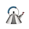 Bouilloire avec sifflet-oisillon en acier inoxydable bleu clair Alessi