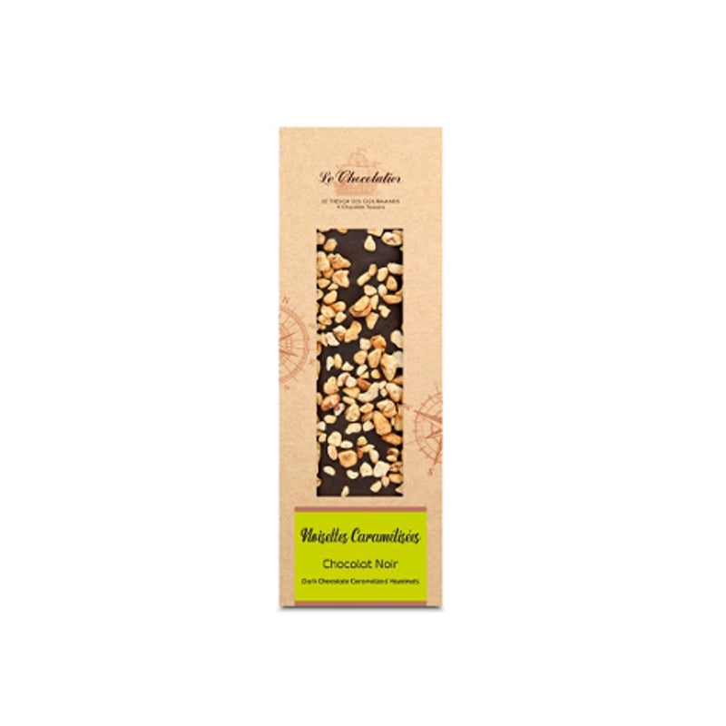 Tablette de chocolat noir avec des noisettes caramélisées Le Chocolatier