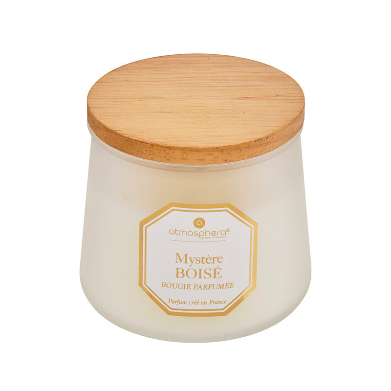 Bougie parfumée en verre blanc 200g Mystère Boisé Atmosphera
