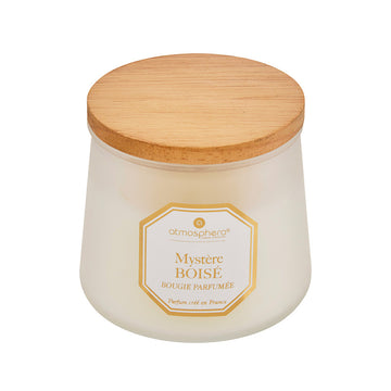 Bougie parfumée en verre blanc 200g Mystère Boisé Atmosphera