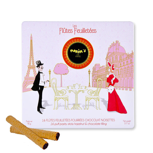 Boite métal 16 flûtes feuilletées chocolat noisettes Maxim's