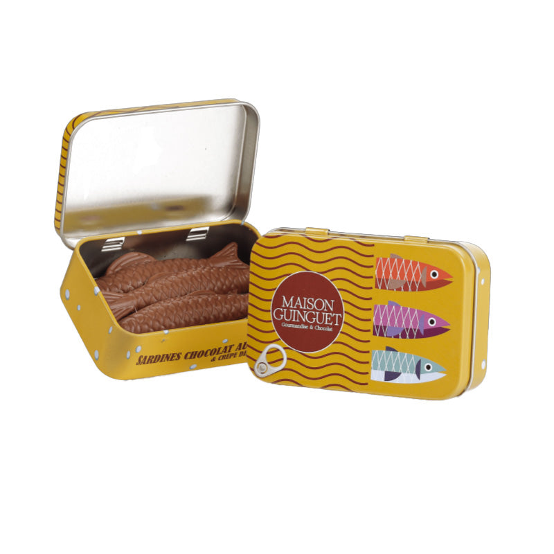Boîte en métal de sardines en chocolat au lait et caramel Maison Guinguet