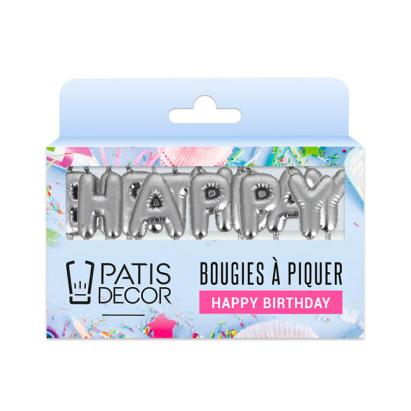 Bougies à piquer Happy Birthday argentées Patisdecor