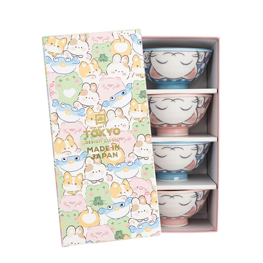 Coffret 4 bols porcelaine rose bleu 300ml Lucky cat Tokyo Design