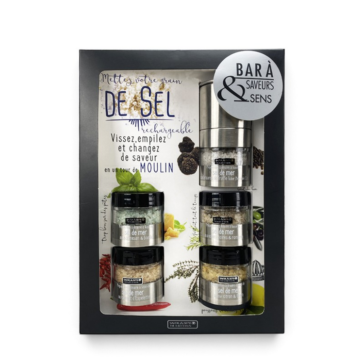 Bar à sels Du Bruit dans la Cuisine avec moulin rechargeable et cinq mélanges de sels aromatisés dans un coffret