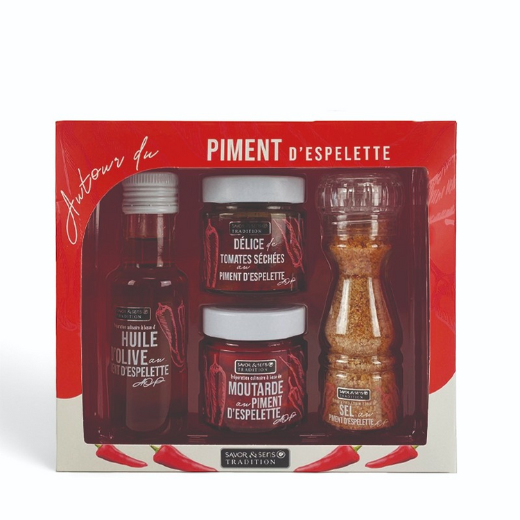 Coffret cadeau Du Bruit dans la Cuisine contenant huile, moutarde, tomates séchées et sel au piment d'Espelette AOP