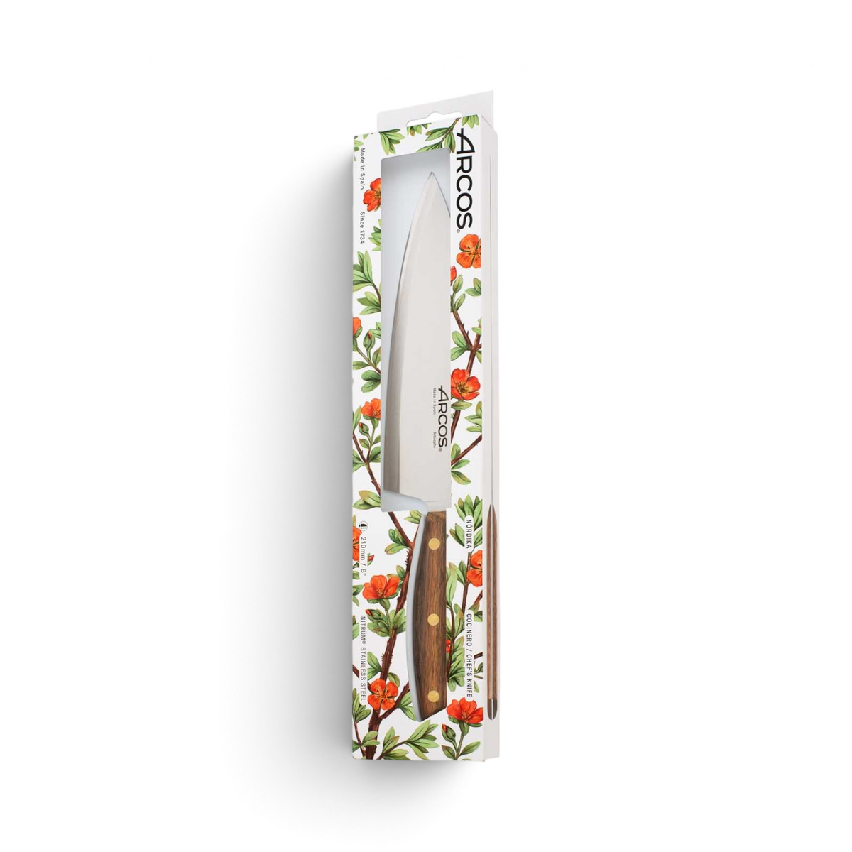 Couteau de chef Nordika 21cm Arcos avec manche en bois chez Du Bruit dans la Cuisine dans son emballage décoré