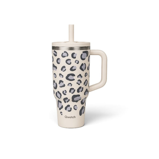 Gobelet isotherme Du Bruit dans la Cuisine Qwetch 900ml en inox beige à motif léopard avec paille et anse