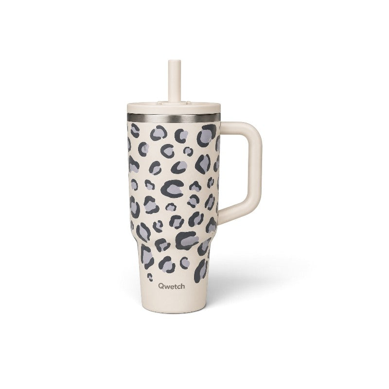 Gobelet isotherme Du Bruit dans la Cuisine Qwetch 900ml en inox beige à motif léopard avec paille et anse