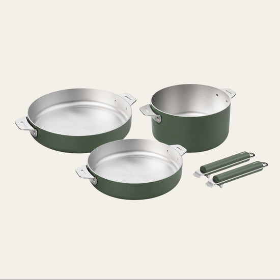 Lot Du Bruit dans la Cuisine La Merveilleuse Cookut vert fougère avec deux poêles, une casserole et poignées amovibles