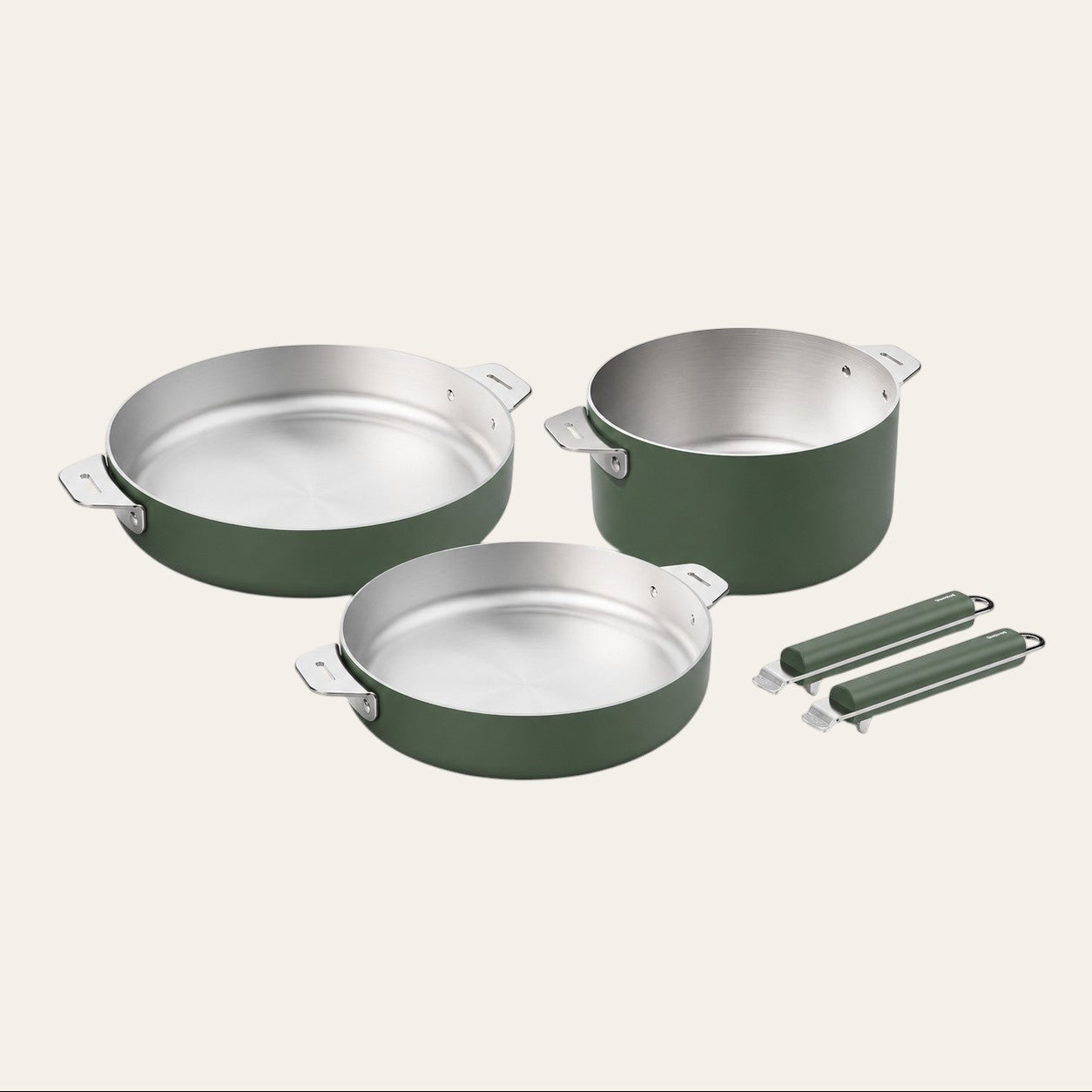 Lot Du Bruit dans la Cuisine La Merveilleuse Cookut vert fougère avec deux poêles, une casserole et poignées amovibles