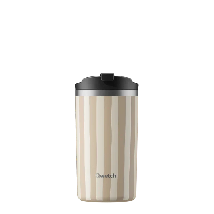 Mug isotherme Du Bruit dans la Cuisine Qwetch Allure Lin 350ml en inox à rayures beiges et couvercle noir étanche