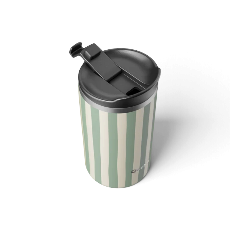 Mug isotherme Du Bruit dans la Cuisine Qwetch 350ml en inox vert tilleul à rayures avec couvercle noir étanche