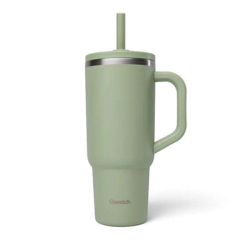 Mug isotherme Qwetch 900ml vert tilleul avec anse et paille en inox, vendu par Du Bruit dans la Cuisine