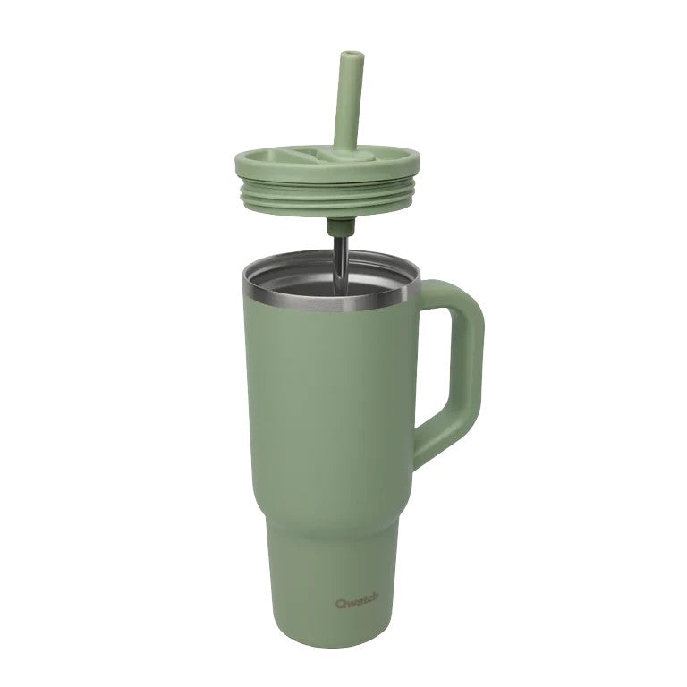 Mug isotherme Du Bruit dans la Cuisine Qwetch 900ml vert tilleul en inox avec anse, couvercle et paille intégrée