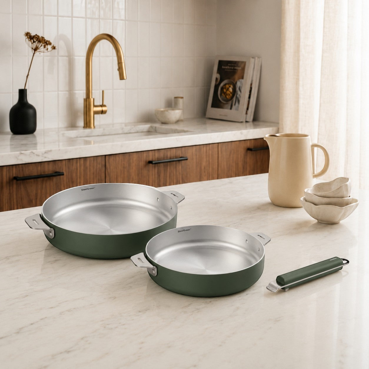 Lot de deux poêles inox La Merveilleuse Cookut vert fougère avec poignée amovible, Du Bruit dans la Cuisine
