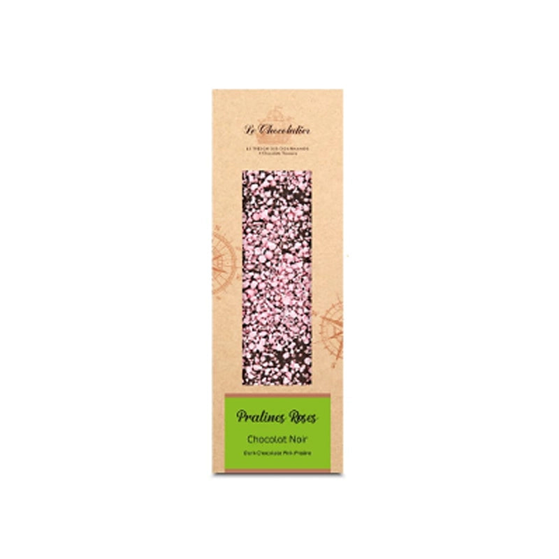 Tablette de chocolat noir avec des pralines roses Le Chocolatier