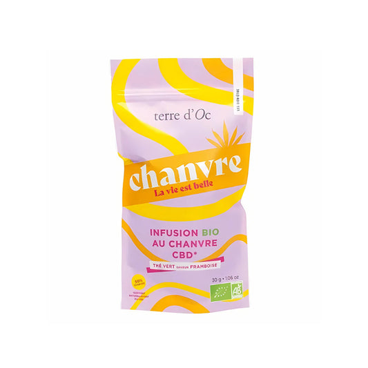 Infusion thé vert framboise bio la vie est belle 30g chanvre CBD Terre d'Oc
