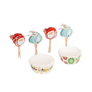 Lot 50 caissettes à cupcakes et 25 piques décoratives Noël en papier Five