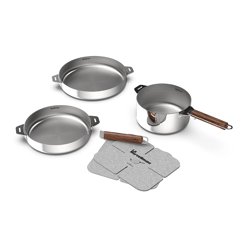 Lot de 2 poêles et 1 casserole en inox La Merveilleuse Miroir Cookut