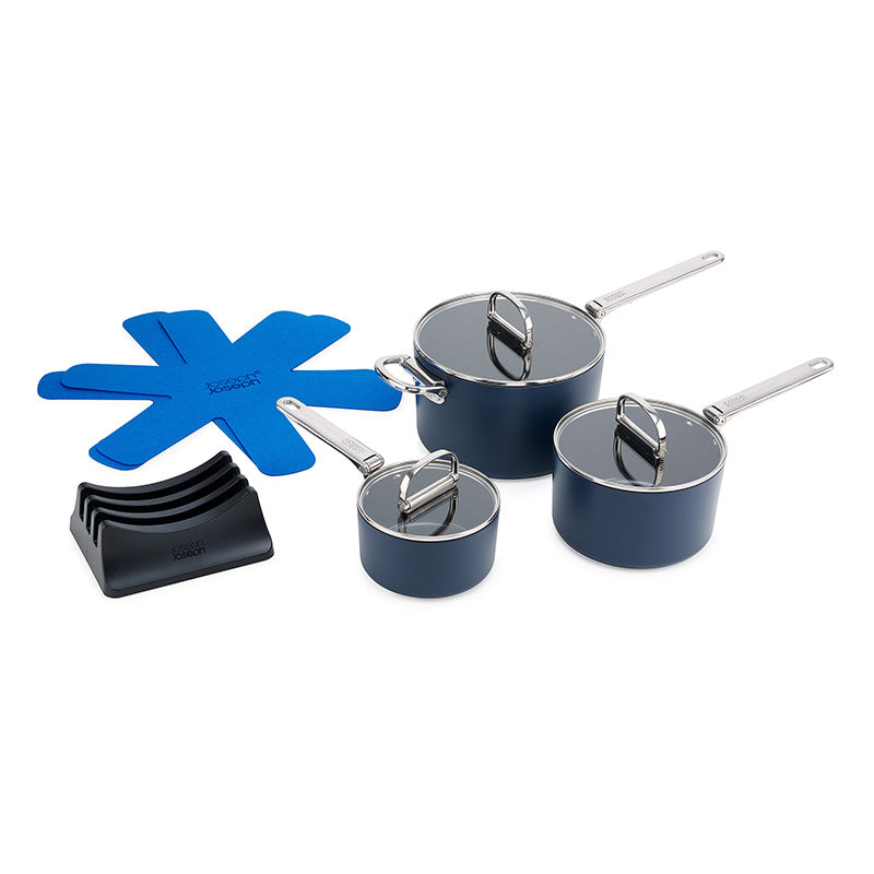 Set 3 casseroles et couvercles antiadhésives bleues SPACE Joseph Joseph