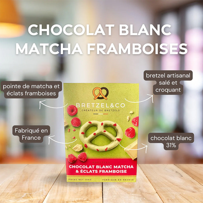 Bretzels chocolat blanc, matcha et framboises 100g Bretzel&Co
